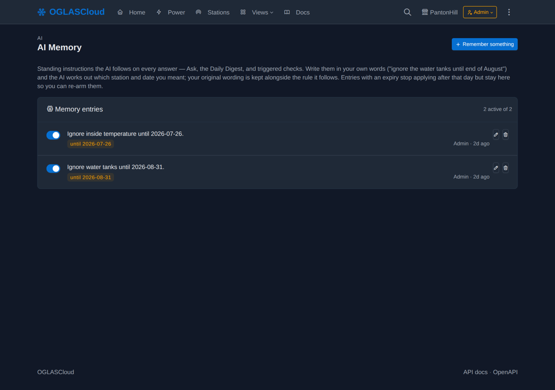AI Memory — standing instructions with expiry dates the AI follows on every answer