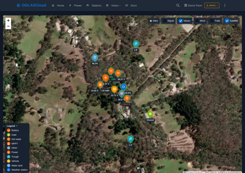 The live Map — every station on satellite, values on the pins
