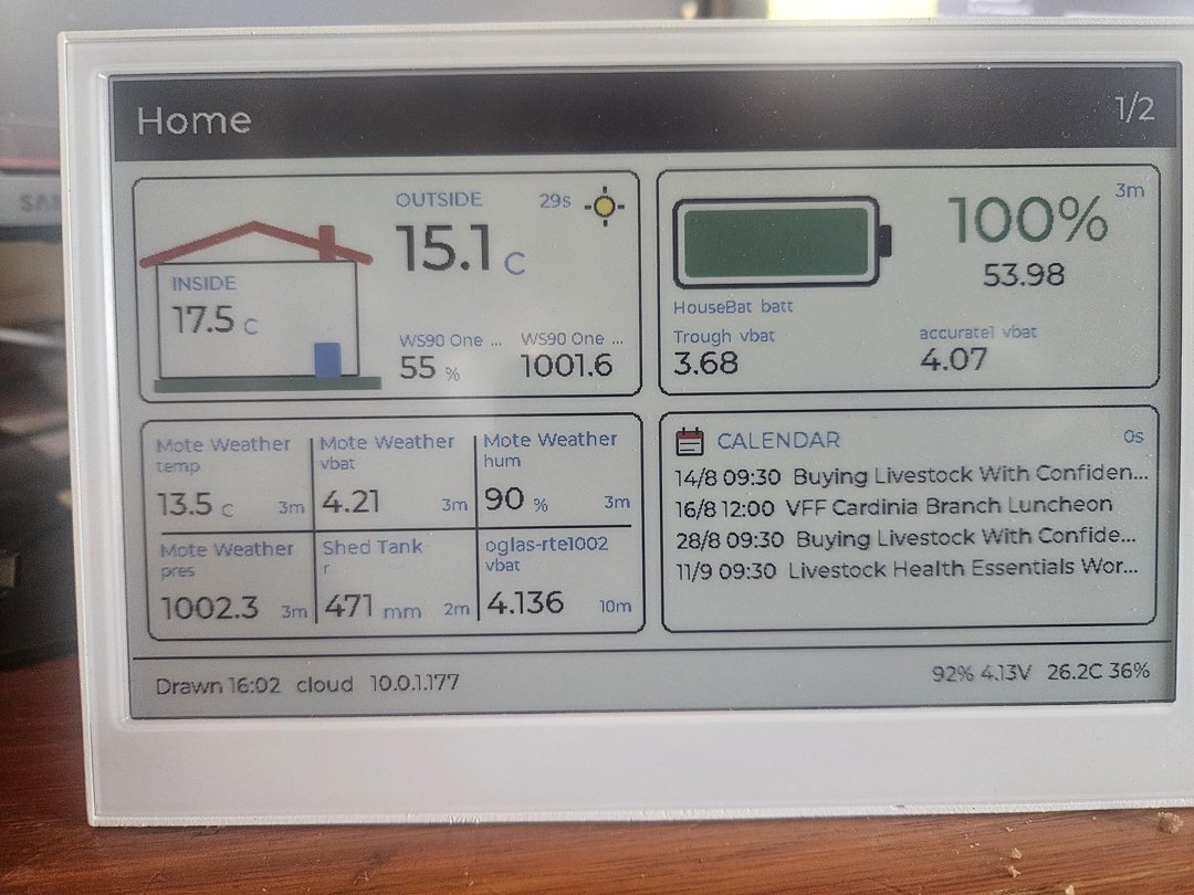 OGLAS e-paper dashboard — the Home page showing inside and outside temperature, weather, tank level, battery states, and a calendar of upcoming events